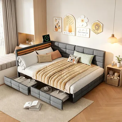 Immagine prodotto di Letto imbottito matrimoniale INONEFT, 140x190 cm, con illuminazione LED e porte USB/C, struttura a forma di L in legno con 2 cassetti e rete a doghe, rivestito in lino, colore grigio