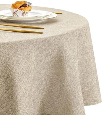 Produktbild von DWCN Leinen Beige Tischdecke Rund 140cm, Abwaschbar, Wetterfest - Tischwäsche für Esszimmer, Garten, Party, Hochzeiten, Wohnzimmer, Balkon