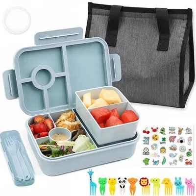 Produktbild von Famanu Brotdose mit 5 Fächern, 1300 ml, mit Lunchbag, auslaufsichere Bento Box mit Besteckset, blau