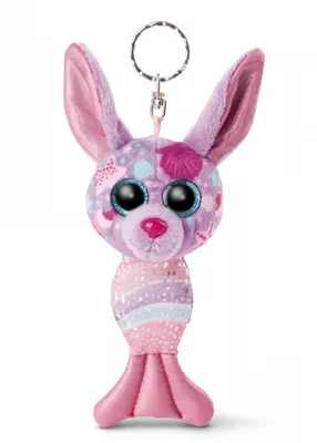 A plush toy keychain of a mermaid rabbit with large glittery eyes and long ears.