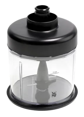 A close-up studio shot of a black and clear food chopper attachment for a hand blender.