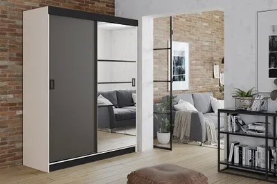 Produktbild von FurMeb24 Schiebetrenschrank RETRO 6-138x200cm Kleiderschrank mit Spiegel, 2-triger Schiebeschrank (Weiss / Graphit Antrazit  + Spiegel und schwarze Beschl€ge)
