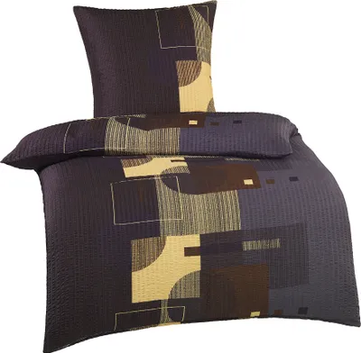 Produktbild von 2-tlg. Seersucker Bettwäsche, 135 x 200 +80x80 cm, grau schwarz beige, grafisch gemustert, bügelfrei
