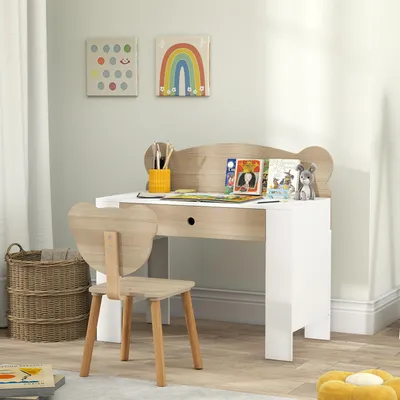 Produktbild von Kinder Schreibtisch-Set mit Stuhl, Bärenform Rückenlehne, Schülerschreibtisch mit Schublade, Naturholz | 80x41x74,5 cm | 3-8 Jahre | MDF & Kiefer