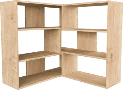 A corner bookshelf unit made of wood.