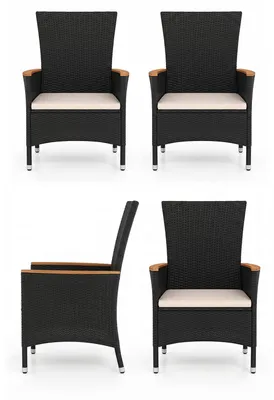 Produktbild von KOMFOTTEU Gartenstühle 4er Set, Balkonstuhl aus Polyrattan, hochlehner Gartensessel mit Armlehnen aus Akazienholz, Rattansessel mit Sitzkissen & waschbarem Bezug, Gartenstuhl für Garten & Balkon