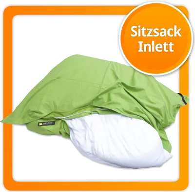 A green bean bag chair insert with a white inner lining. The top portion of the green fabric is pulled back, revealing the white inner bag. Text in an orange circle reads 'Sitzsack Inlett'.