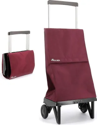 A burgundy shopping trolley is shown in two views: one folded and one unfolded, against a white background.