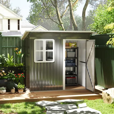 Image de Abri de jardin 2,55 m², abri à outils de jardin en acier avec toit en appentis, porte verrouillable, fenêtre, armoire de jardin en métal, 221 x 133 x 190/173 cm, gris foncé