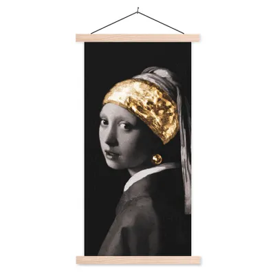 Produktbild von MuchoWow® Textilposter Malerei - Gold - Schwarz - Weiß 60x120 cm mit holzfarbenen Rahmen - Holz