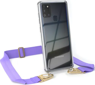 Produktbild von EAZY CASE - Hülle mit Band für Samsung Galaxy A21s, Handyhülle mit Umhängeband, Silikonhülle transparent, Handykette in Violett