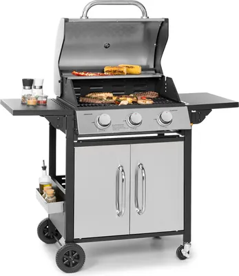 Produktbild von Klarstein Gasgrill mit Großer Grillfläche, Gasgrill mit 3 Brenner, 10,8 kW Edelstahl-Gasgrill, BBQ Gasgrill für Balkon & Garten, Grill für Propangas, Gasgrills mit Seitentischen & Thermometer