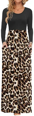Produktbild von AUSELILY Damen Maxikleid Langarm Taschen Winter Braun Schwarz Leopard L