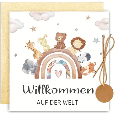 Geburtskarte mit Umschlag, Geldgeschenk, Regenbogen-Tiere, für Mädchen & Jungen