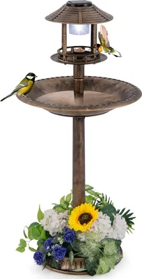 Produktbild von GOPLUS Vogeltränke stehend, Vogelbad Retro mit Solarlicht, Vogelbrunnen Winterfest mit Blumenpflanzer, Garten Tränke Bad für Wildvögel, Antik-Bronze