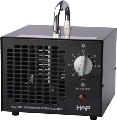 A black ozone generator with a silver handle and a control dial.