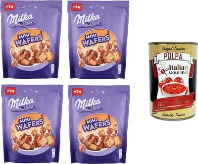 Produktbild von Milka Mini Wafers,Wafer ricoperto di cioccolato al latte delle Alpi Waffel umhüllt von Alpenmilchschokolade 4x110gr + Italian Gourmet polpa 400g