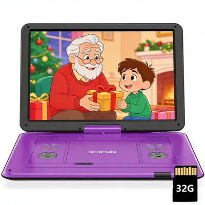 Image de Lecteur DVD portable BOIFUN 17,5 pouces avec écran HD orientable de 15,6 pouces pour la voiture, avec chargeur de voiture, batterie rechargeable d'une autonomie de 6 heures et capacité de stockage de 32 Go