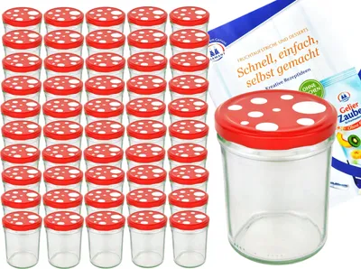 A set of glass jars with mushroom-shaped lids and a recipe booklet.