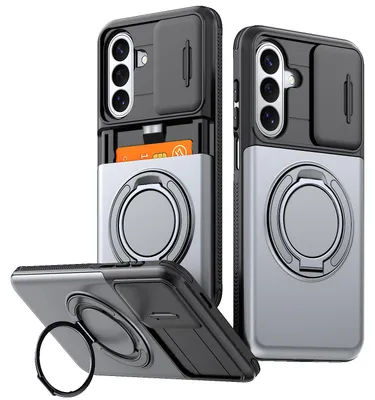 Image de Étui pour téléphone portable avec compartiment pour cartes pour Samsung Galaxy S24+ / S25+, cache-caméra coulissant, support avec anneau, étui de protection antichoc gris