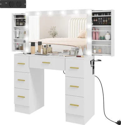 Produktbild von Schminktisch mit Spiegel und 12 LED-Lichtern, Frisiertisch mit 7 Schubladen, 6 versteckte Staufächer, Spanplatte, Weiß