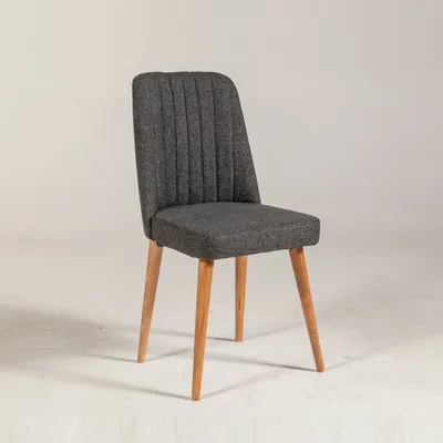 A single gray upholstered chair with wooden legs is shown against a white background.
