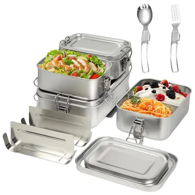 Produktbild von Set von 4 Edelstahl Lunchboxen mit Fächern und Besteck