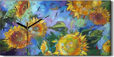 Produktbild von Küche Wohnzimmer Wand Leinwand Uhr 60x30 Gemälde Blumen Sonnenblumen Kunst - schwarze Hände