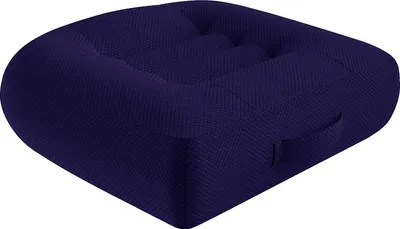 A navy blue seat cushion with a tufted top and a handle on the side, shown from a diagonal angle against a white background.