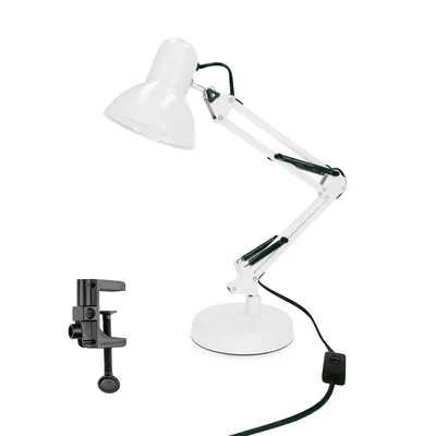 A white desk lamp with a clamp attachment is shown on a white background.