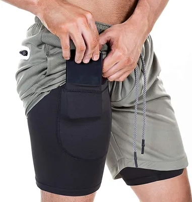 Image de ASKSA Short 2 en 1 pour homme Short de course Short de sport double Short de fitness pour homme Short de course Pantalon de sport Pantalon d'entraînement (gris, M)