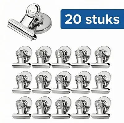 Productafbeelding van JustValue Magnetische Clips - 20 Stuks - Koelkast Magneetklemmen - Metalen Papierklem - Extra Sterke Magneet - Voor Whiteboard & Kantoor - Notities - Foto’s - Bonnetjes