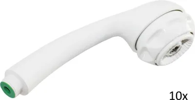 A white shower head with a green connector on a white background.