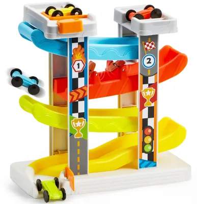 Immagine prodotto di Pista automobilistica giocattolo a 4 livelli per bambini piccoli, completa di 4 macchinine