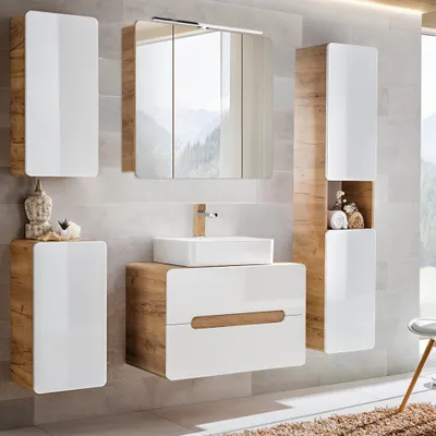 Produktbild von Badmöbel Set mit 80 cm Waschtisch & LED-Spiegelschrank LUTON-56 Hochglanz weiß mit Wotan Eiche Nb., B/H/T ca. 180/200/46 cm