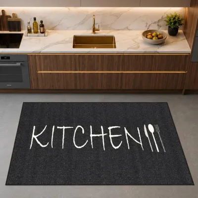 Immagine prodotto di Tappeto da cucina con motivo tipografico e design semplice, colore nero. Dimensioni: 67 x 180 cm