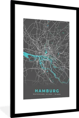 Produktbild von MuchoWow® Gerahmtes Poster Karte - Stadtplan - Hamburg - Deutschland - Blau 60x90 cm - Poster mit Schwarzem Bilderrahmen Wandposter Rahmen Foto Bilder - Dekoration - Wandposter Wohnzimmer - Hochwertig
