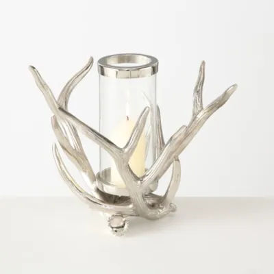 Produktbild von Windlicht Geweih 2 tlg. Aluminium silber Kerzenhalter H 25 cm