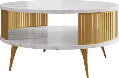 A round coffee table with a marble top and gold metal accents.