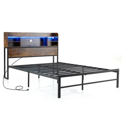 Produktbild von COSTWAY Bettgestell 140x200cm, Doppelbett Bettrahmen mit LEDs, Ladestation, Aufbewahrungsregalen, Holz Kopfteil & Metall-Lattenrost, Rustikales Braun