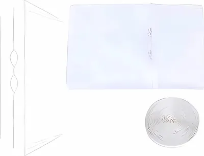 A white fabric item and a clear circular object are displayed against a white background.