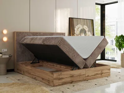 Produktbild von MKS MEBLE Boxspringbett WOOD CLASSIC, Komplett Set mit Multipocket-Matratze und Topper T25, Doppelbett für Schlafzimmer, hohe Kopfteil - 180 x 200 cm - H3 - Braun Cord