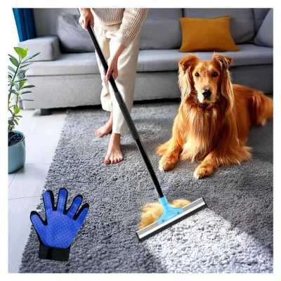 Produktbild von Carpet Rake - Fellfeger Besen – Pet Hair Remover für Teppich & Möbel – Gummibesen mit Stiel – Hundehaare Entfernen – Teppich Bürste für Tierhaare – Fellfeger für Teppiche & Böden - Blau