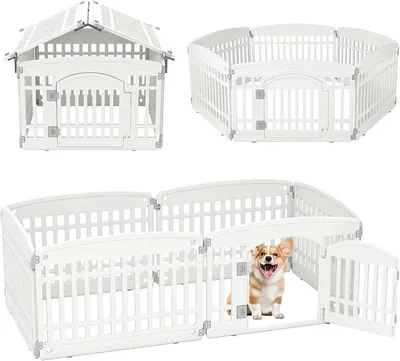 Imagen del producto de Jaula para cachorros de 60/75 cm de altura, jaula para perros con 6 paneles, puerta con cierre y clavijas para fijar al suelo, jaula para perros para interior y exterior, ideal para apartamentos, fácil de instalar, color blanco