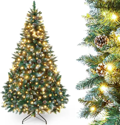 A decorated artificial Christmas tree with lights and pine cones, shown from the front and a close-up of its side.