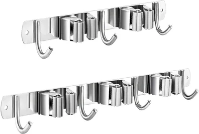 Produktbild von Besen- und Mopphalter zur Wandmontage, Besenaufhänger, Besenhalter, robuste Besenständer aus Edelstahl für Waschküche, Garage, Garten, Badezimmer (2 Regale, 3 Haken),(2)