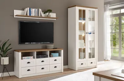 Produktbild von Landhaus Wohnwand Mediawand Anbauwand Wohnzimmer 220cm pinie weiß eichefarben hell