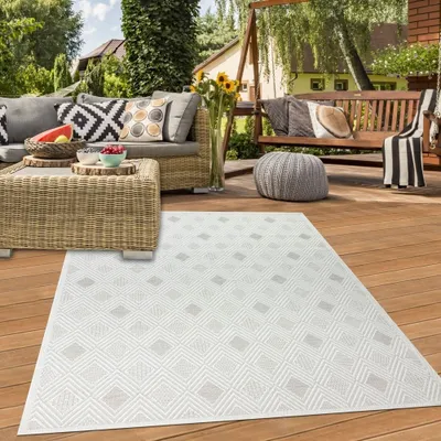 Zdjęcie produktu dla Dywanik do wnętrz i na zewnątrz Dywanik balkonowy z różnymi wzorzystymi rombami w kolorze kremowym Rozmiar - 160 x 230 cm