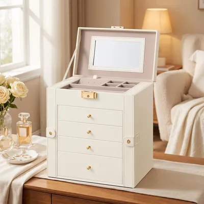 Produktbild von SONGMICS Schmuckbox mit 5 Ebenen, Schmuckkasten, mit Innenspiegel, abschließbar, weiß