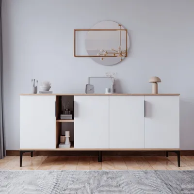 Image de Skye Decor, Tarz - Chêne, Blanc, Console, Chêne, PANNEAUX DE PARTICULES 100 % MÉLAMINÉS, 180 x 40 x 79 cm